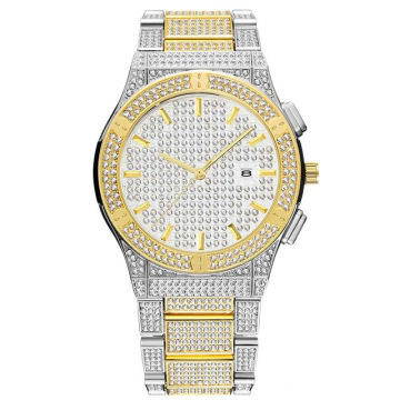 MISSFOX V295 Silver And Gold Watch Mens Calendar With Full Diamond quartz Watches